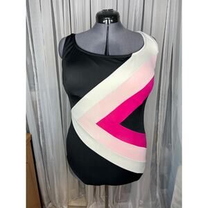 one piece swimsuit Vintage 1980s color blocked  pink white black